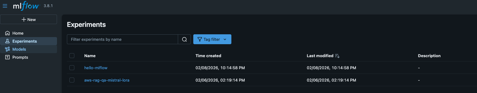 Screenshot der MLflow-Hauptseite mit Liste der Experimente (lokales Setup)